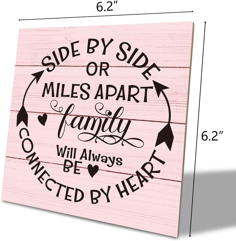 SUSZDOU Family Sign, “Side by Side or Miles Apart, Family Will Always Be Connected by Heart”, Wooden Plaque Table Art Sign 6.2x6.2 Inch, Farmhouse Room Decor, Long Distance Gift for Loved Ones G - Image 2